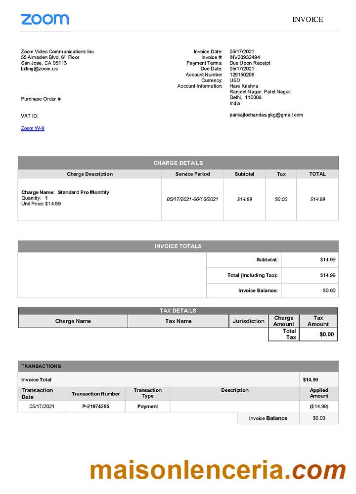 USA Zoom invoice template